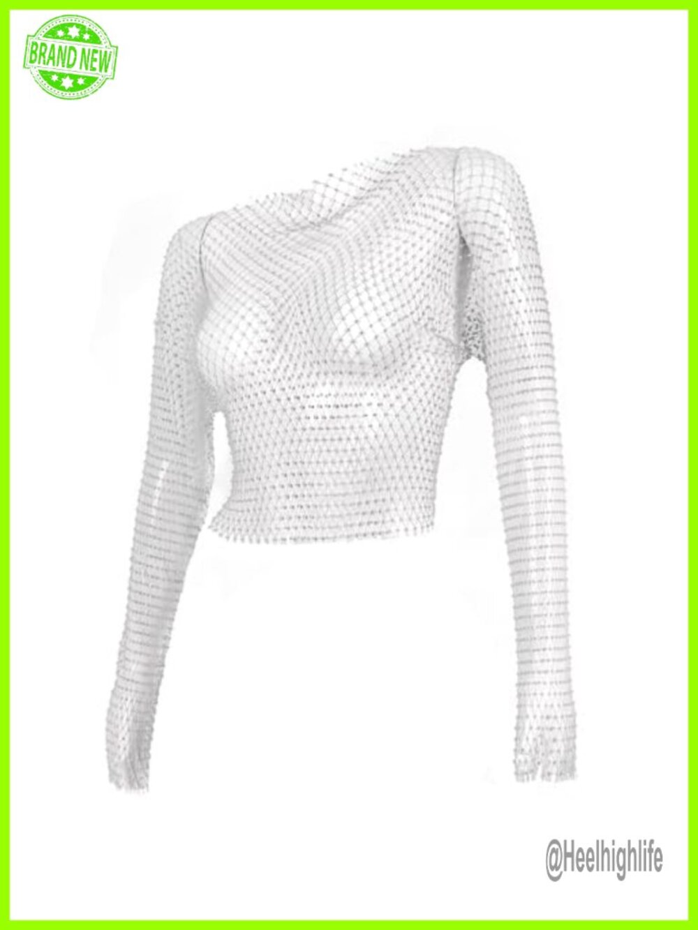 Rhinestone Crystal Crop Top Long Sleeve Mesh Body Chains Fishnet Shirt